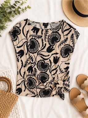 Ann Taylor Factory Beige and Black Floral Tie-Hem Top